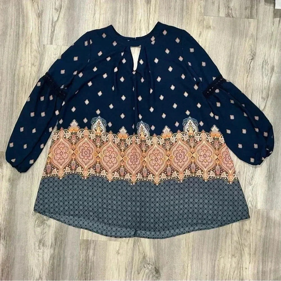 Hint of Mint 3/4 Sleeve Navy Paisley Tunic Top Flowy Boho Hippie Dress Size XL - Picture 1 of 7